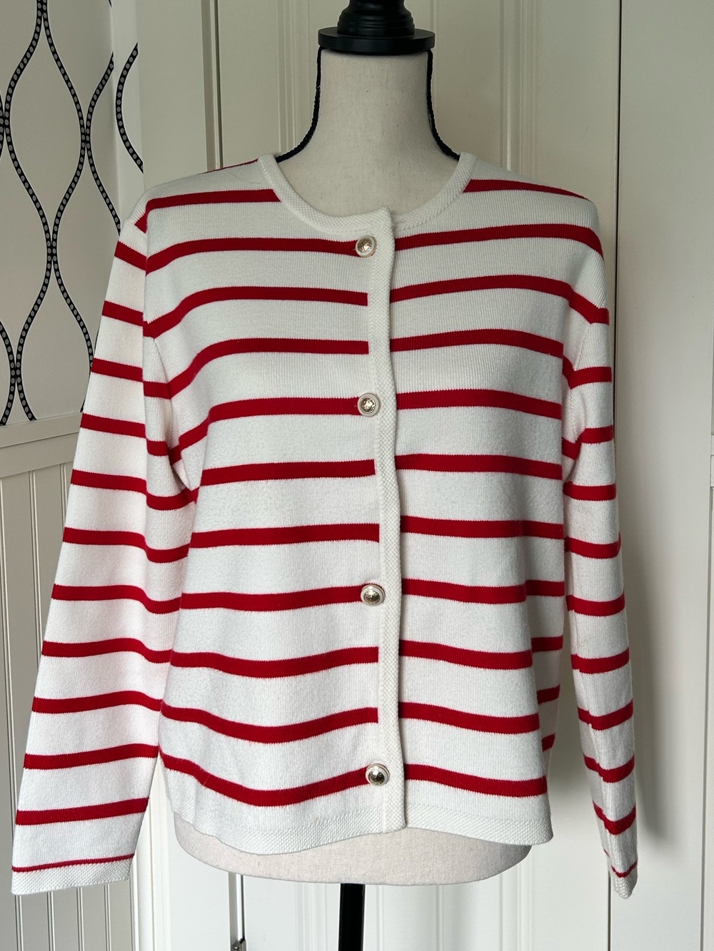 Women's Red & White Striped Button Cardigan Sweater